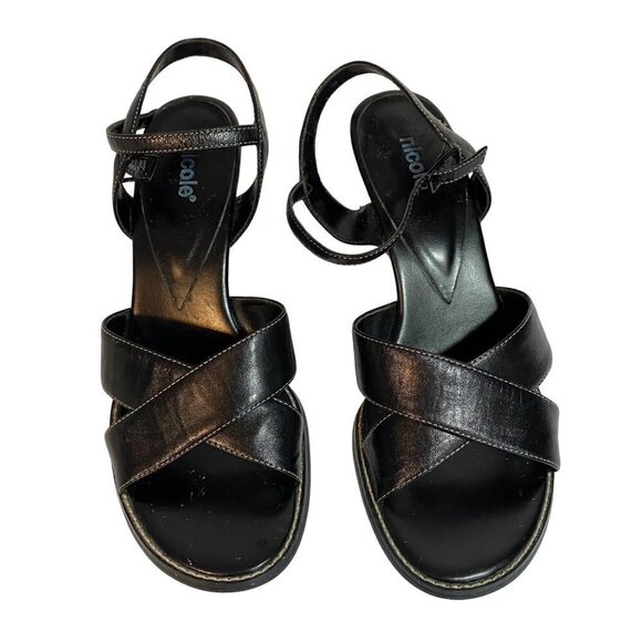 Nicole Black Leather Wedge Heel Sandal Size 7 1/2 - Picture 3 of 8